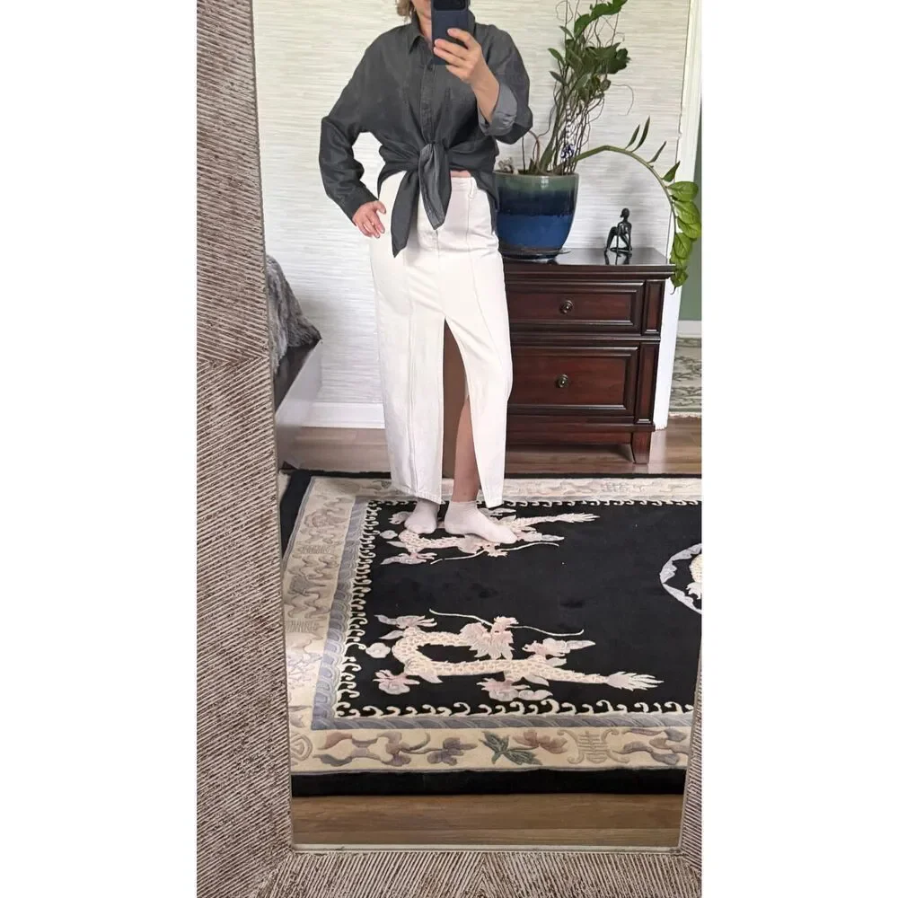 ZARA High Waisted Denim Midi Skirt Cream Slit Size XS - Picture 8 of 8
